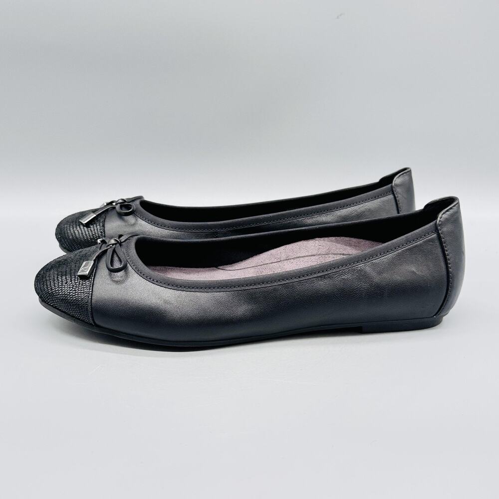 Vionic Shoes Womens 9.5 Black Leather Minna Ballet Flats Bow Cap Toe Comfort - Picture 5 of 13